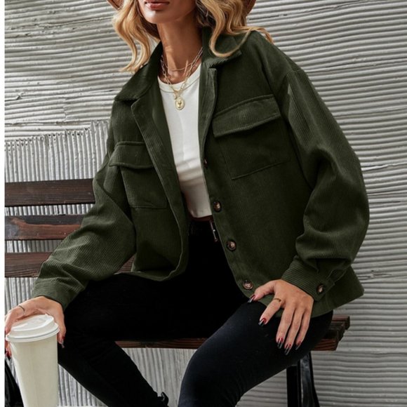 Casual Button up Corduroy Oversized Jacket Shacket Green - Picture 1 of 6